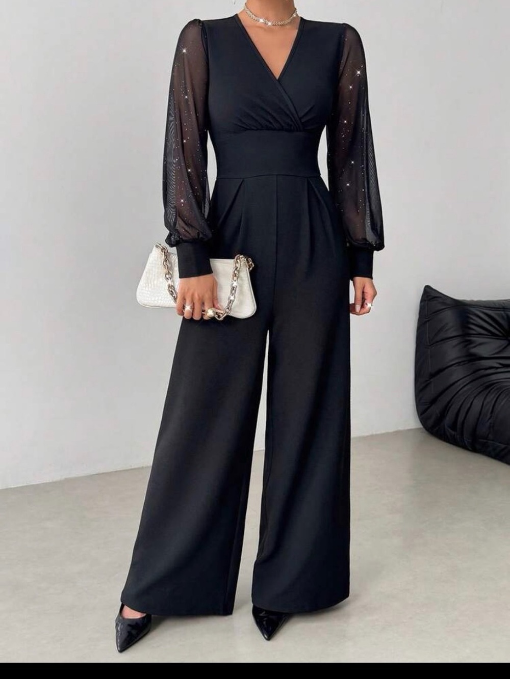 Elegant Black Wide-Leg Jumpsuit with Sheer Sparkle Sleeves